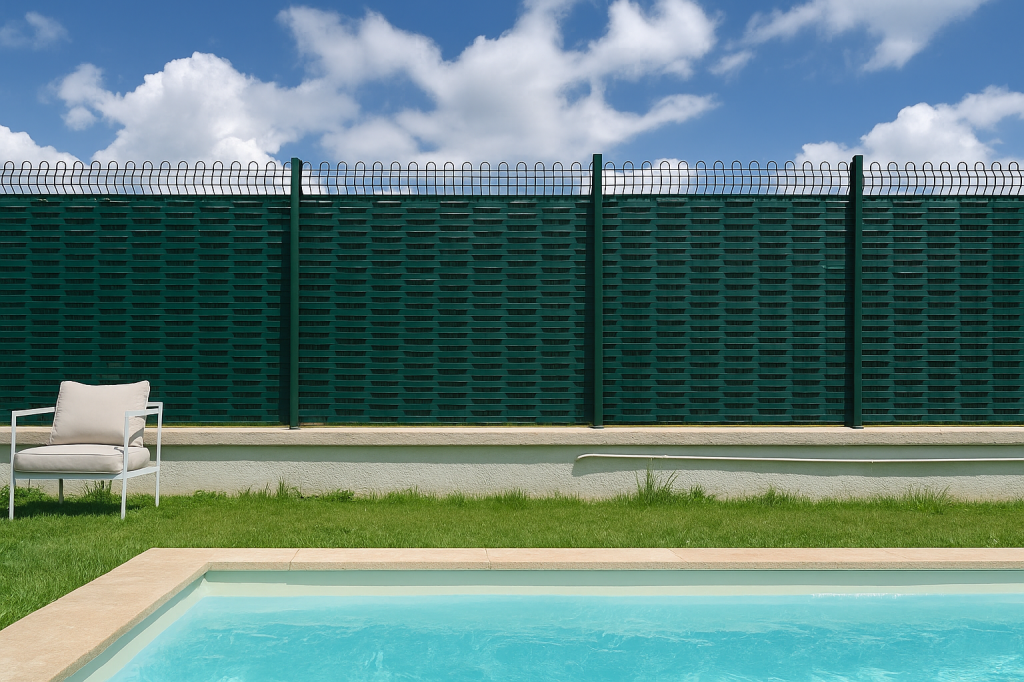 Piscina con recinto verde e cielo azzurro